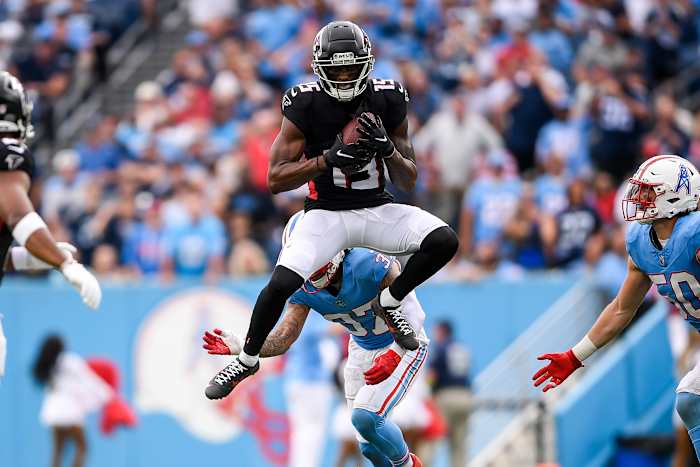 Oct 29, 2023; Nashville, Tennessee, USA; Atlanta Falcons wide receiver Van Jefferson (15) against the Tennessee Titans during the second at Nissan Stadium.